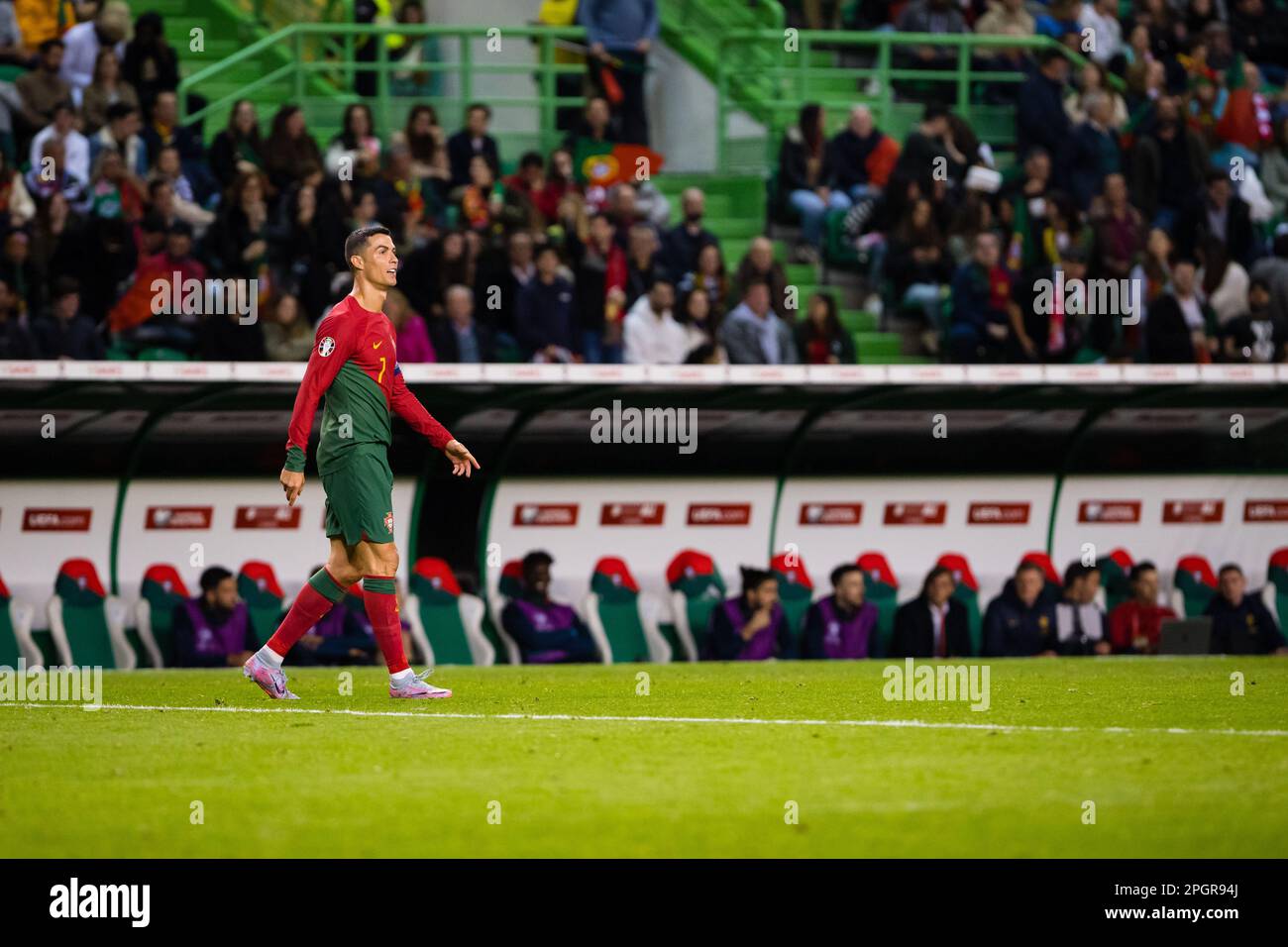 Lisbon, Portugal. 23rd Mar, 2023. Cristiano Ronaldo of Portugal celebrates  after scoring a goal during the UEFA Euro 2024 qualifying round group J  match between Portugal and Liechtenstein at Estadio Jose Alvalade.