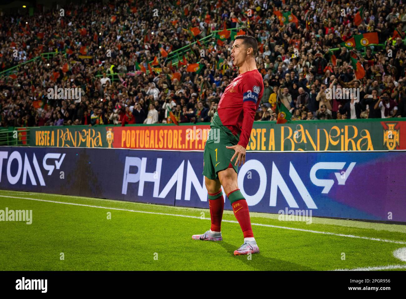 Lisbon, Portugal. 23rd Mar, 2023. Cristiano Ronaldo of Portugal celebrates  after scoring a goal during the UEFA Euro 2024 qualifying round group J  match between Portugal and Liechtenstein at Estadio Jose Alvalade.