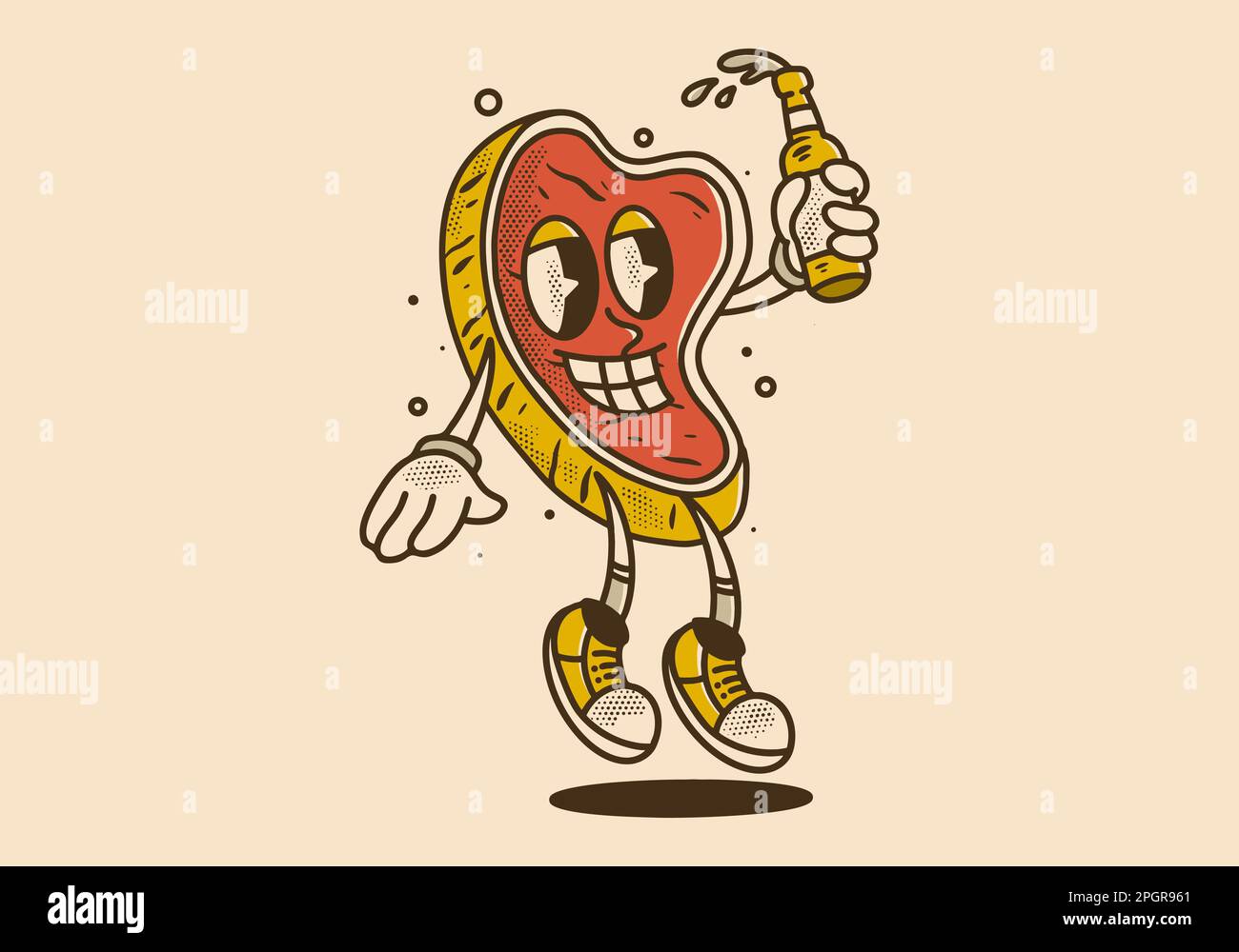 Mascot character design of meat holding a beer bottle with happy face