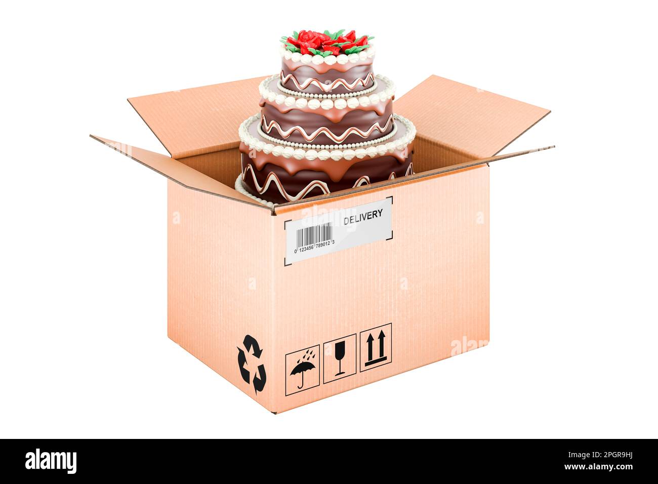 Chocolate Birthday Cake inside cardboard box, delivery concept. 3D rendering isolated on white background Stock Photo