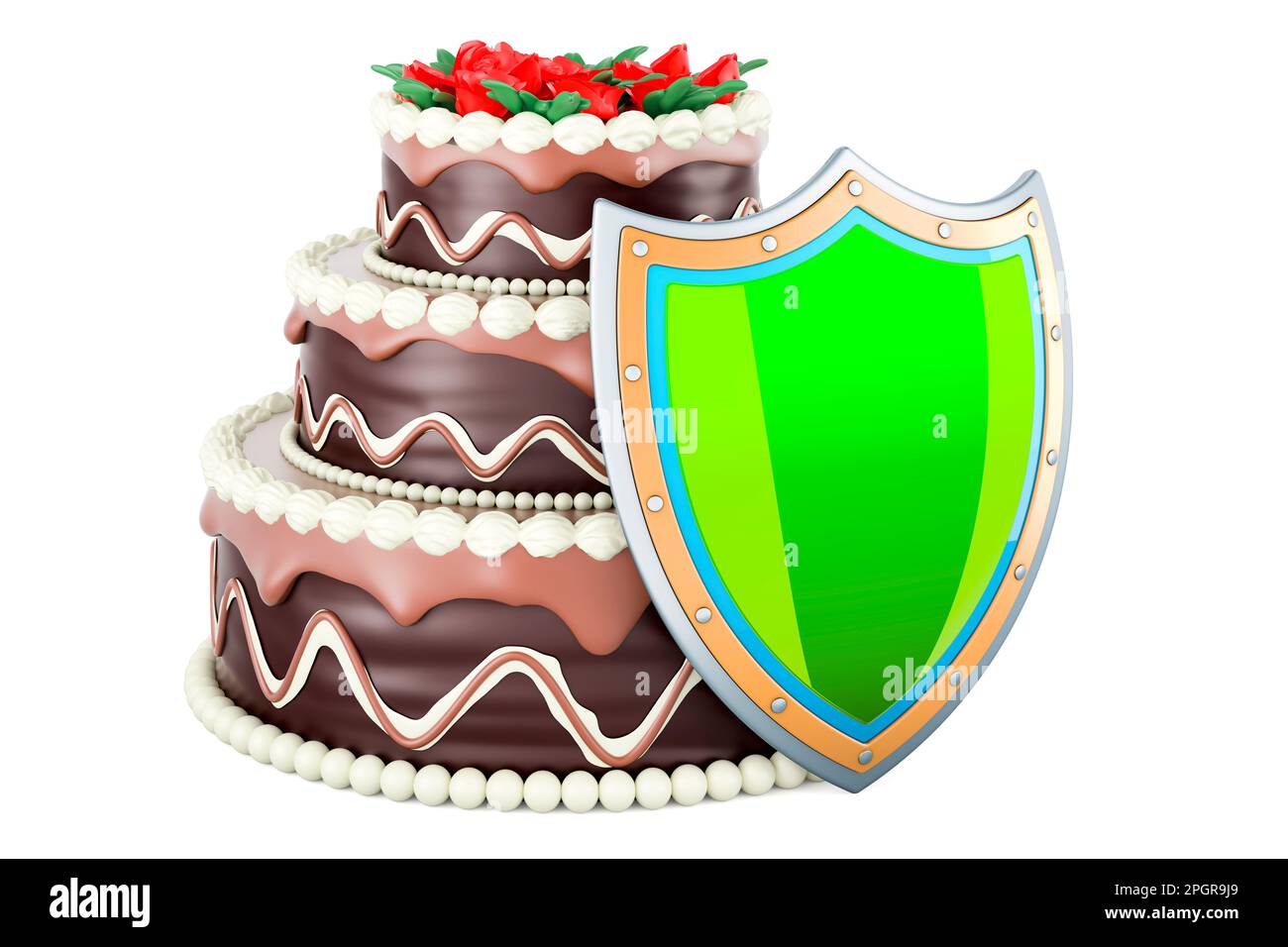 Chocolate Cake with shield. 3D rendering isolated on white background Stock Photo