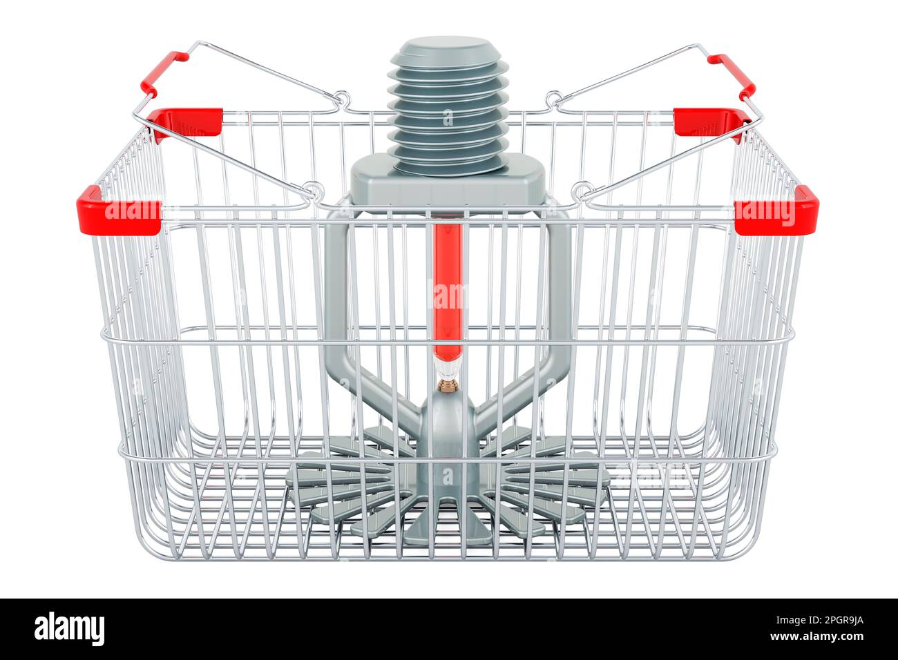 Fire Sprinkler inside shopping basket, 3D rendering isolated on white background Stock Photo