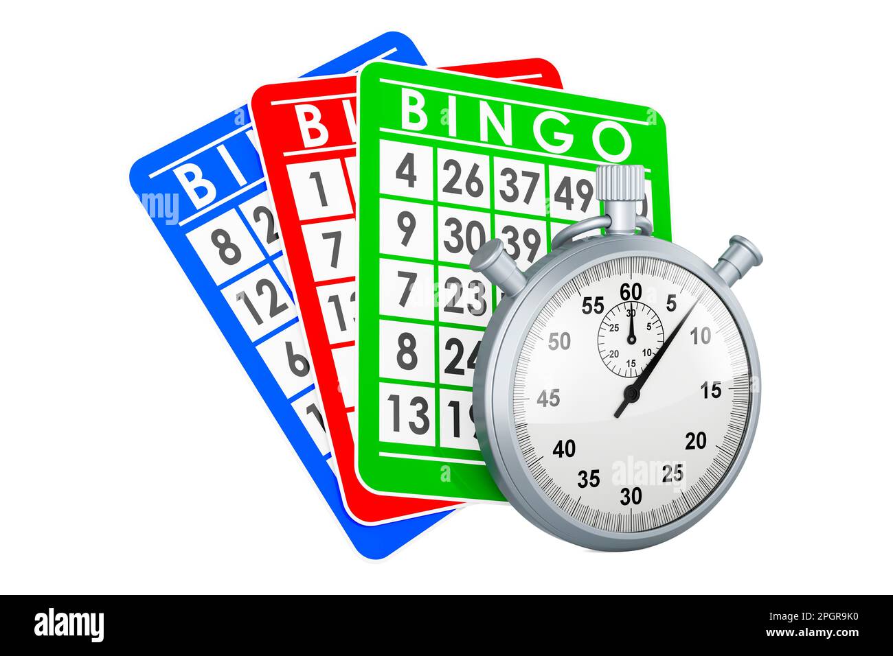 Bingo cards with stopwatch, 3D rendering isolated on white background Stock Photo