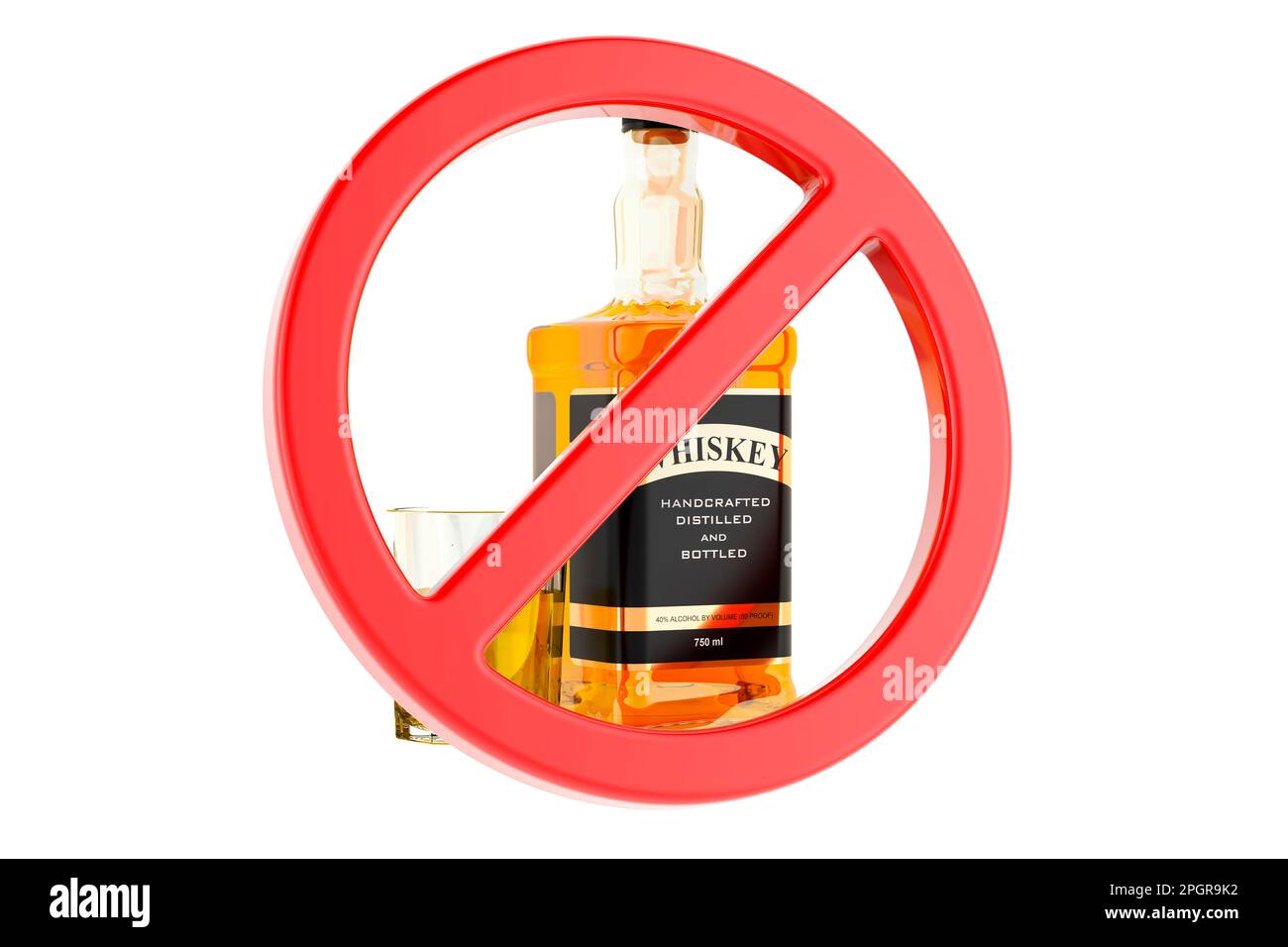 Whiskey bottle and full glass of whiskey with forbidden symbol, 3D rendering isolated on white background Stock Photo