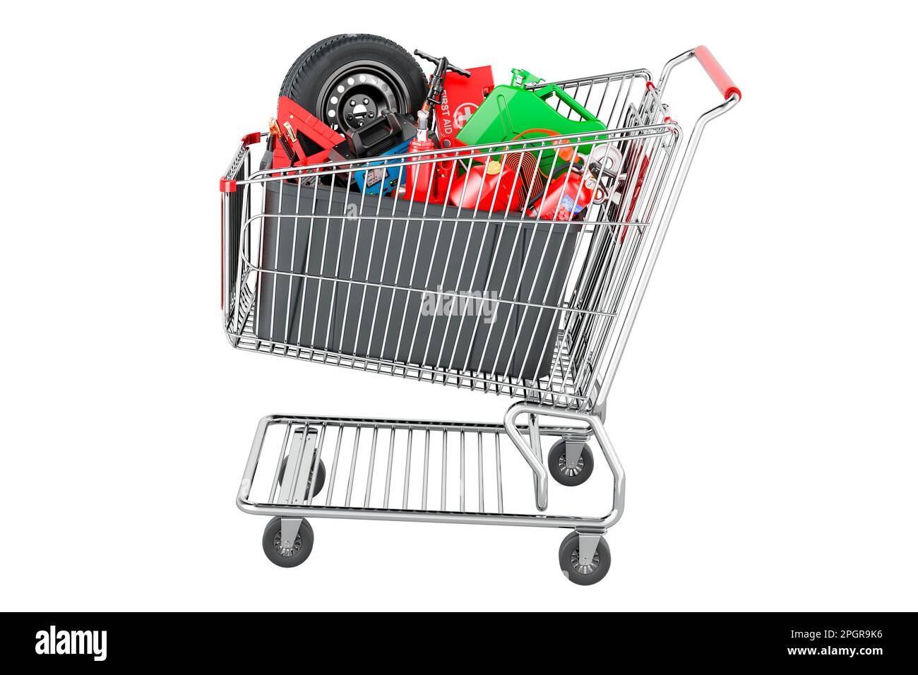 Plastic box full of car tools, equipment and accessories inside shopping cart, 3D rendering isolated on white background Stock Photo