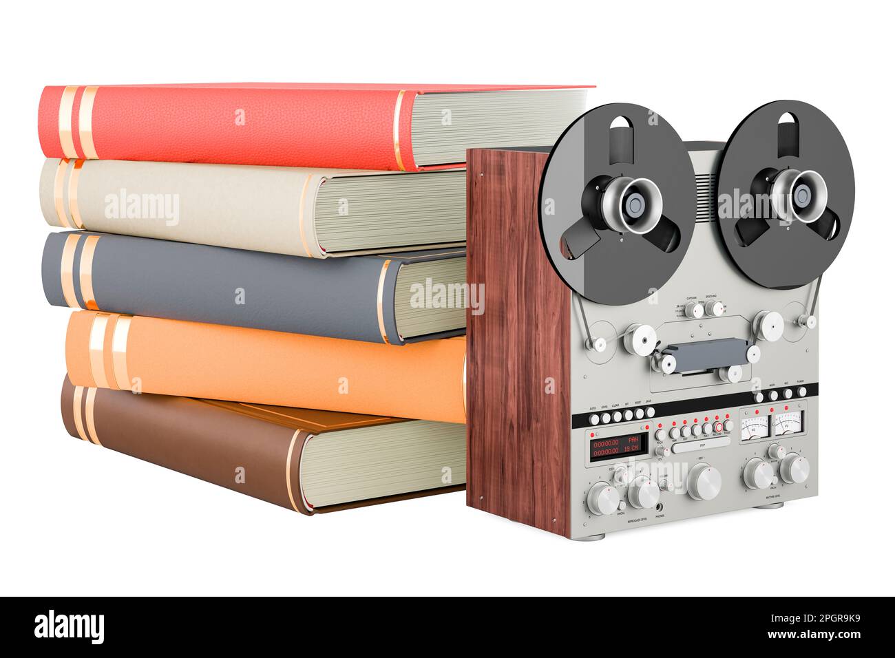 Reel-to-reel tape recorder with books, 3D rendering isolated on white background Stock Photo