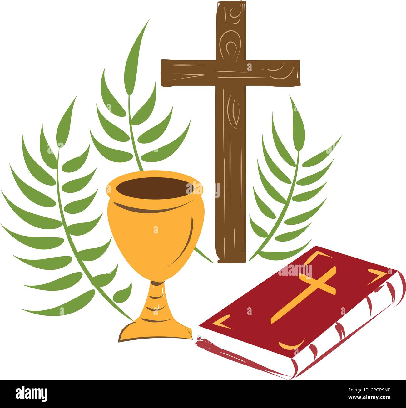 Holy Week. Christian Easter icon symbols. palm branch, cross of Jesus