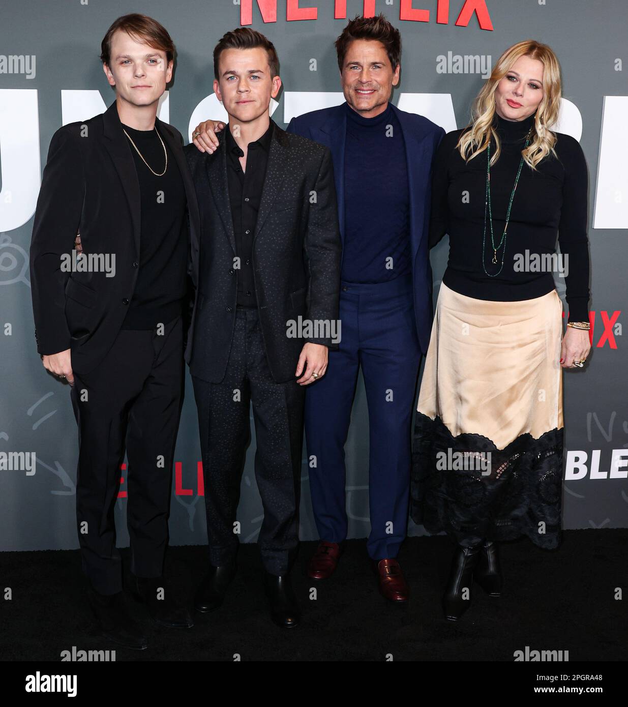 HOLLYWOOD, LOS ANGELES, CALIFORNIA, USA - MARCH 23: Matthew Edward Lowe, John Owen Lowe, Rob Lowe and Sheryl Berkoff arrive at the Los Angeles Premiere Of Netflix's 'Unstable' Season 1 held at the Netflix Tudum Theater on March 23, 2023 in Hollywood, Los Angeles, California, United States. (Photo by Xavier Collin/Image Press Agency) Stock Photo