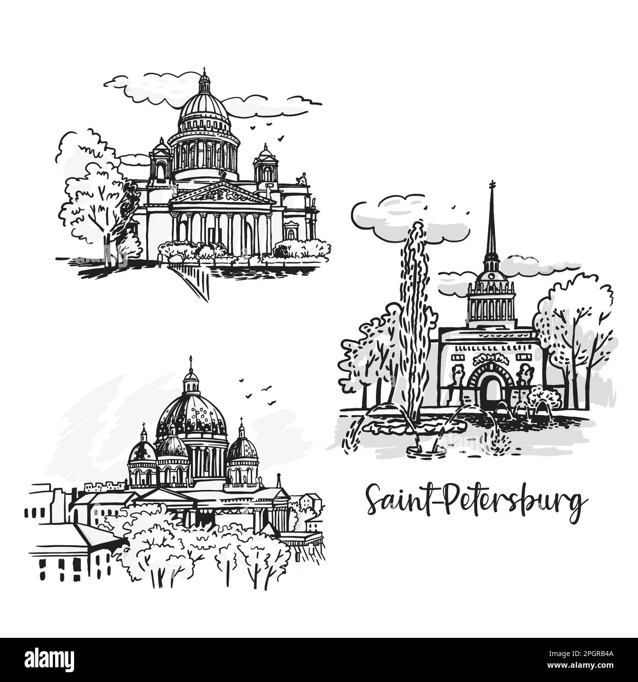 A set of views of St. Petersburg Russia. Graphic sketches. Black and white architecture graphics Stock Vector