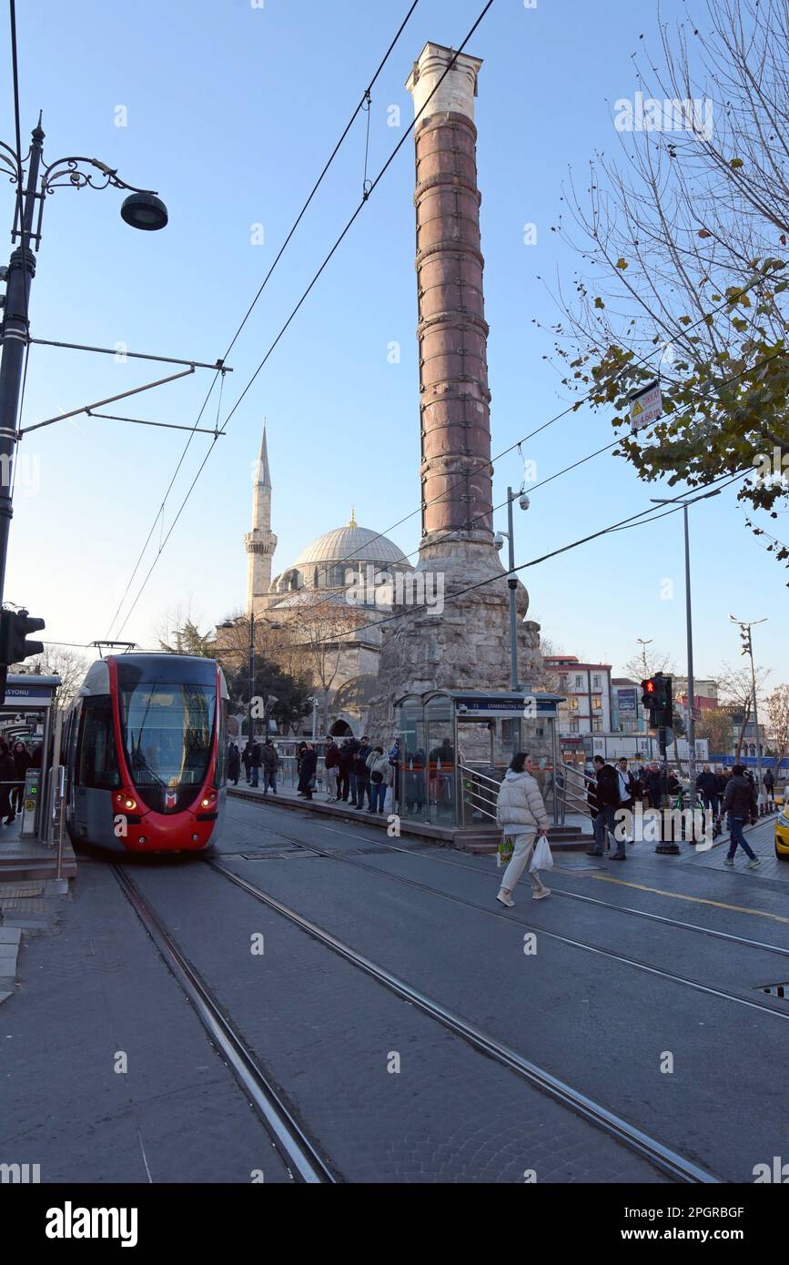 Turkish tram at Çemberlitaş tram stop, by the ancient Column of ...