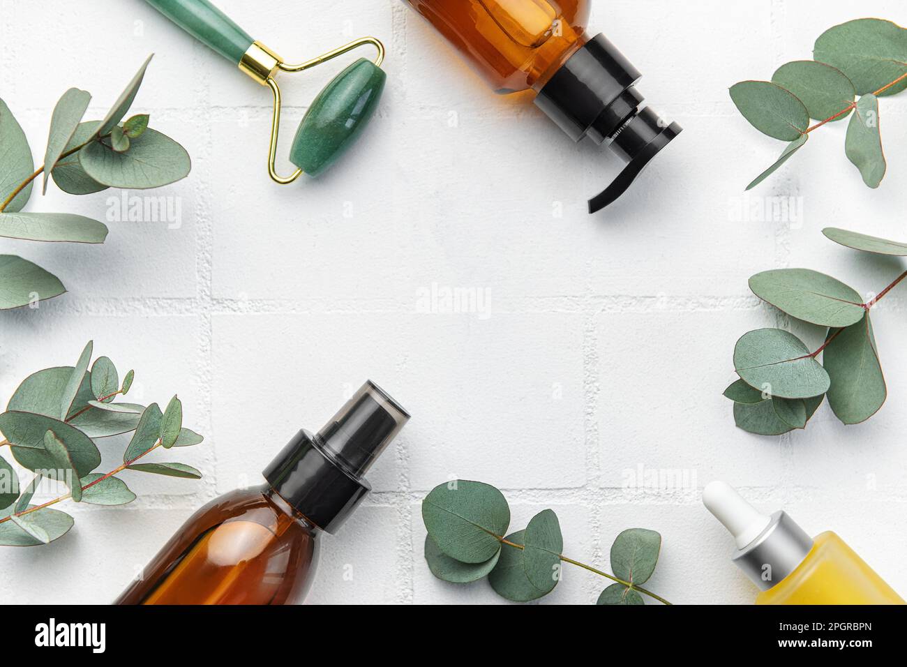 Spa treatment concept. natural spa cosmetics products with eucalyptus