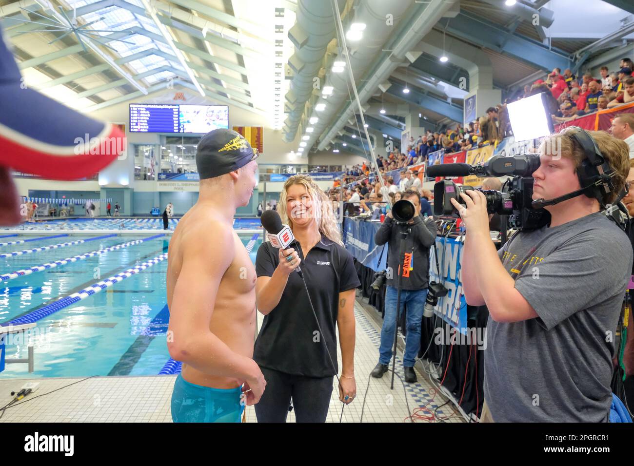 Minneapolis, Minnesota, USA. 23rd Mar, 2023. ASU sophomore LEON MARCHAND interviews with ELIZABETH BEISEL after winning the 200 yard individual medley championship final at the 2023 NCAA Men's Swimming and Diving Championships in Minneapolis, Minnesota. (Credit Image: © Steven Garcia/ZUMA Press Wire) EDITORIAL USAGE ONLY! Not for Commercial USAGE! Stock Photo