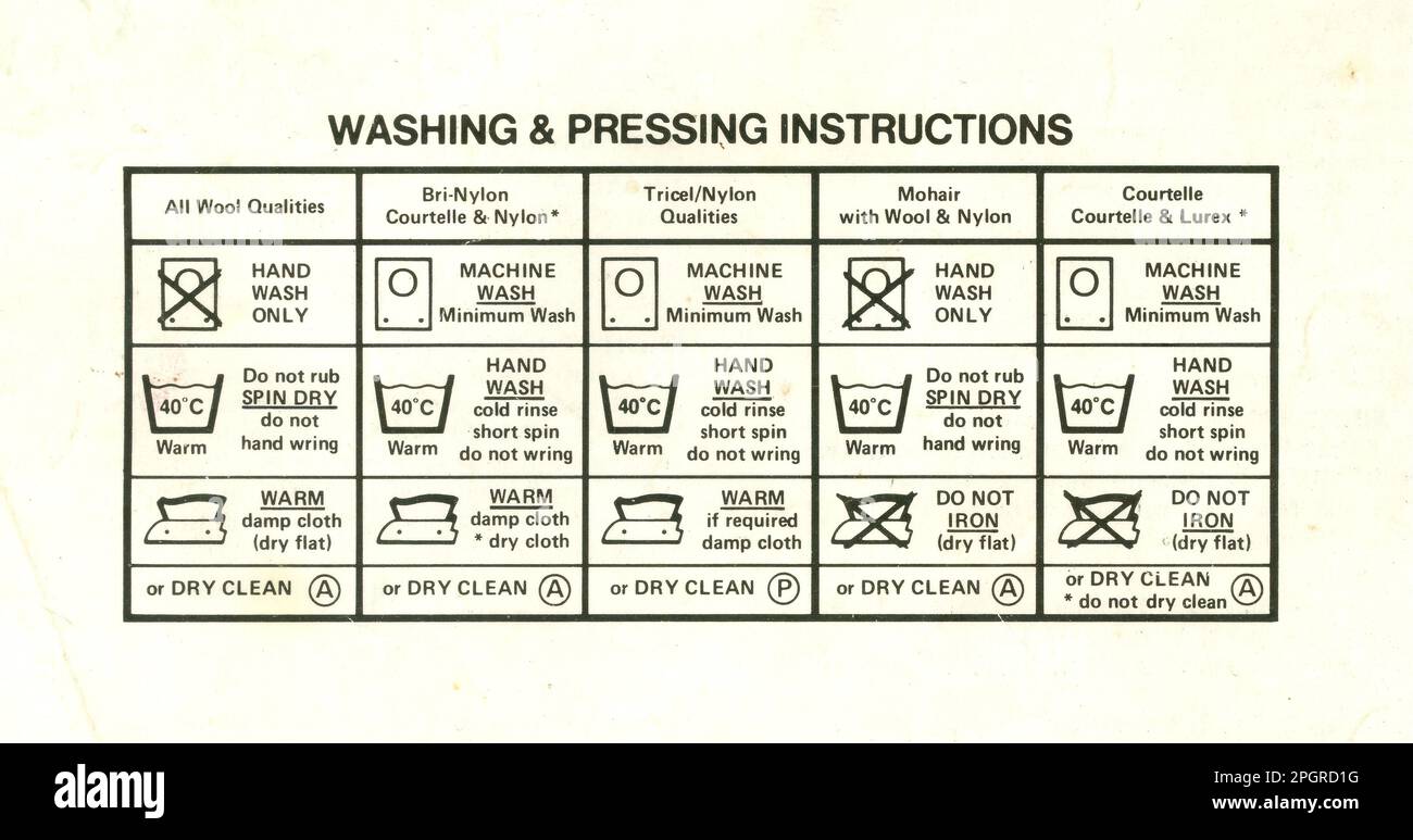 Original 1970's era retro knitting pattern, washing and pressing instructions for ladies cardigans, by Lister & Co. of Bradford, England, UK. Stock Photo