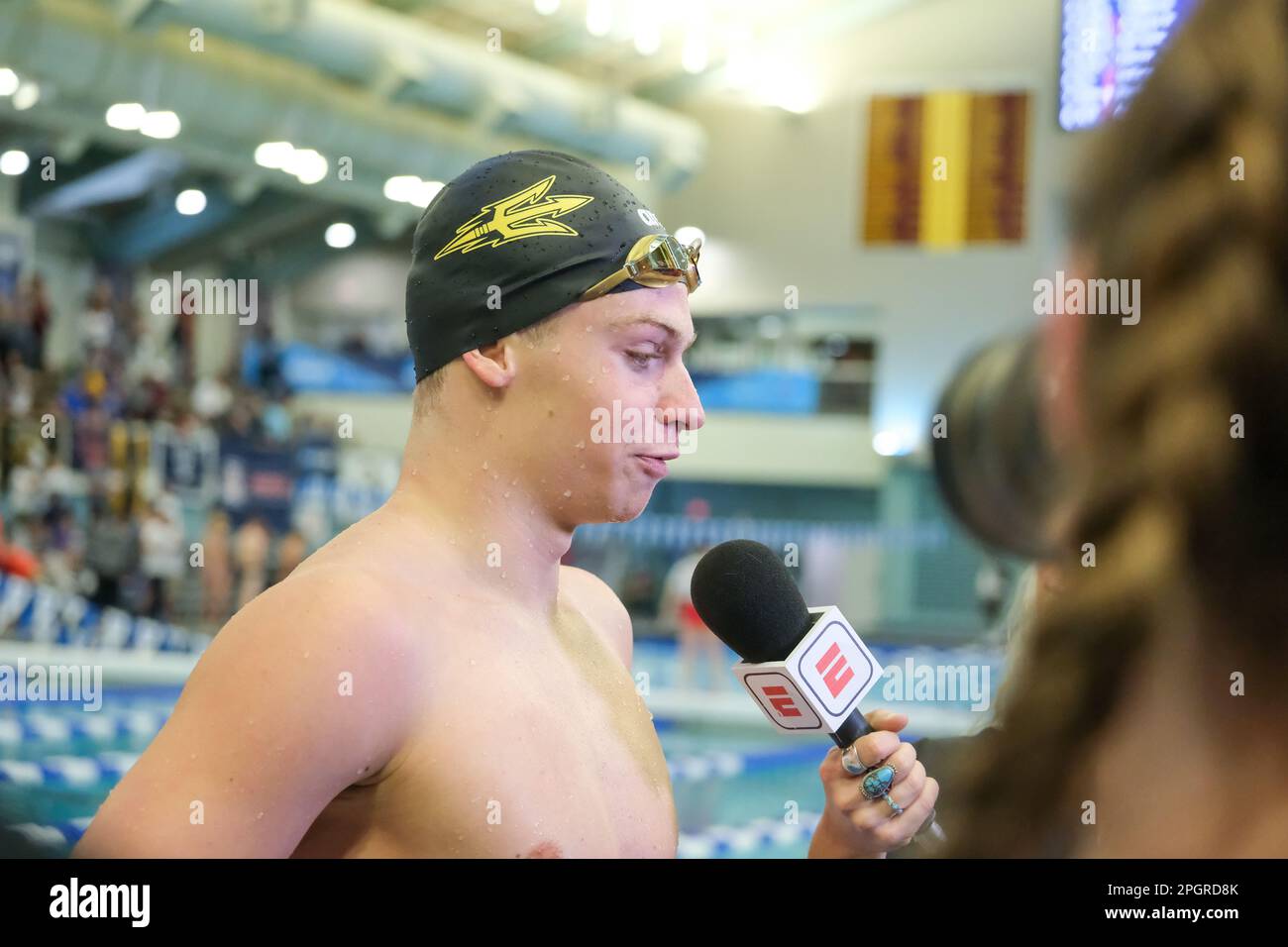 Minneapolis, Minnesota, USA. 23rd Mar, 2023. ASU sophomore LEON MARCHAND interviews with ELIZABETH BEISEL after winning the 200 yard individual medley championship final at the 2023 NCAA Men's Swimming and Diving Championships in Minneapolis, Minnesota. (Credit Image: © Steven Garcia/ZUMA Press Wire) EDITORIAL USAGE ONLY! Not for Commercial USAGE! Stock Photo