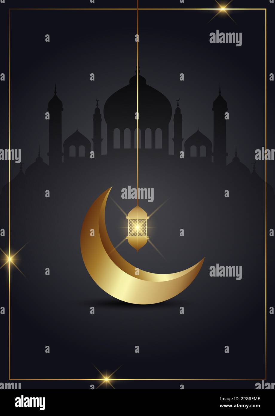 Ramadan Kareem background with gold crescent and hanging lantern Stock ...