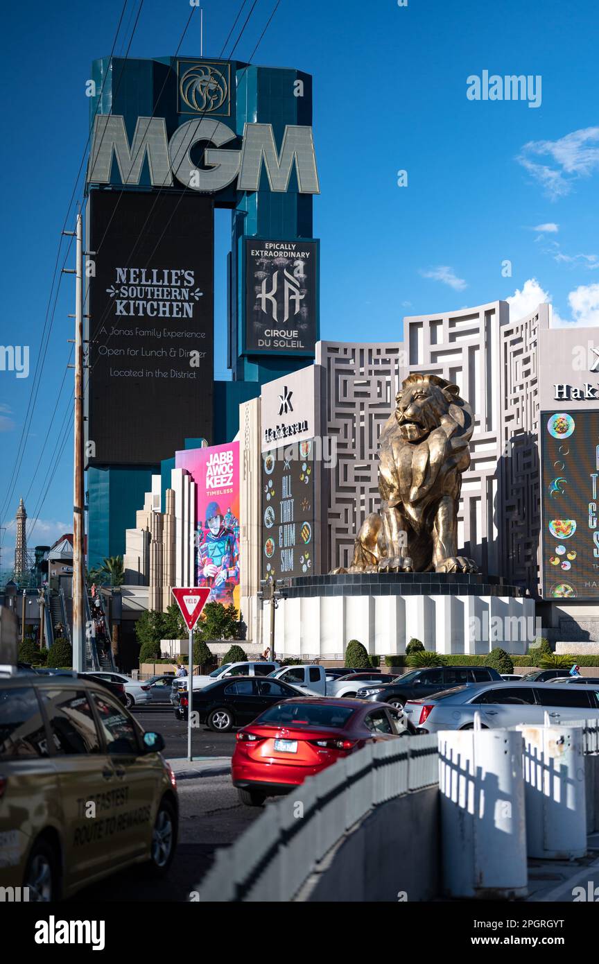 A vertical image of the iconic golden lion statue of the MGM logo, standing in a studio environment Stock Photo