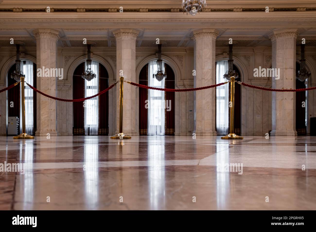 Velvet rope barrier in the Romanian Parliament building in Bucharest