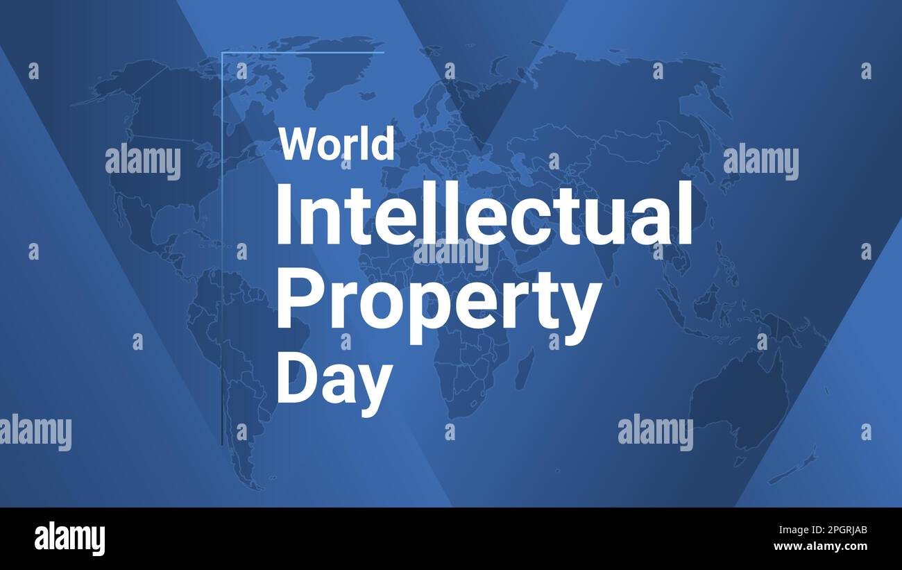 World Intellectual Property Day inetrnational holiday card. Poster with earth map, blue gradient lines background, white text. Flat style design banne Stock Vector