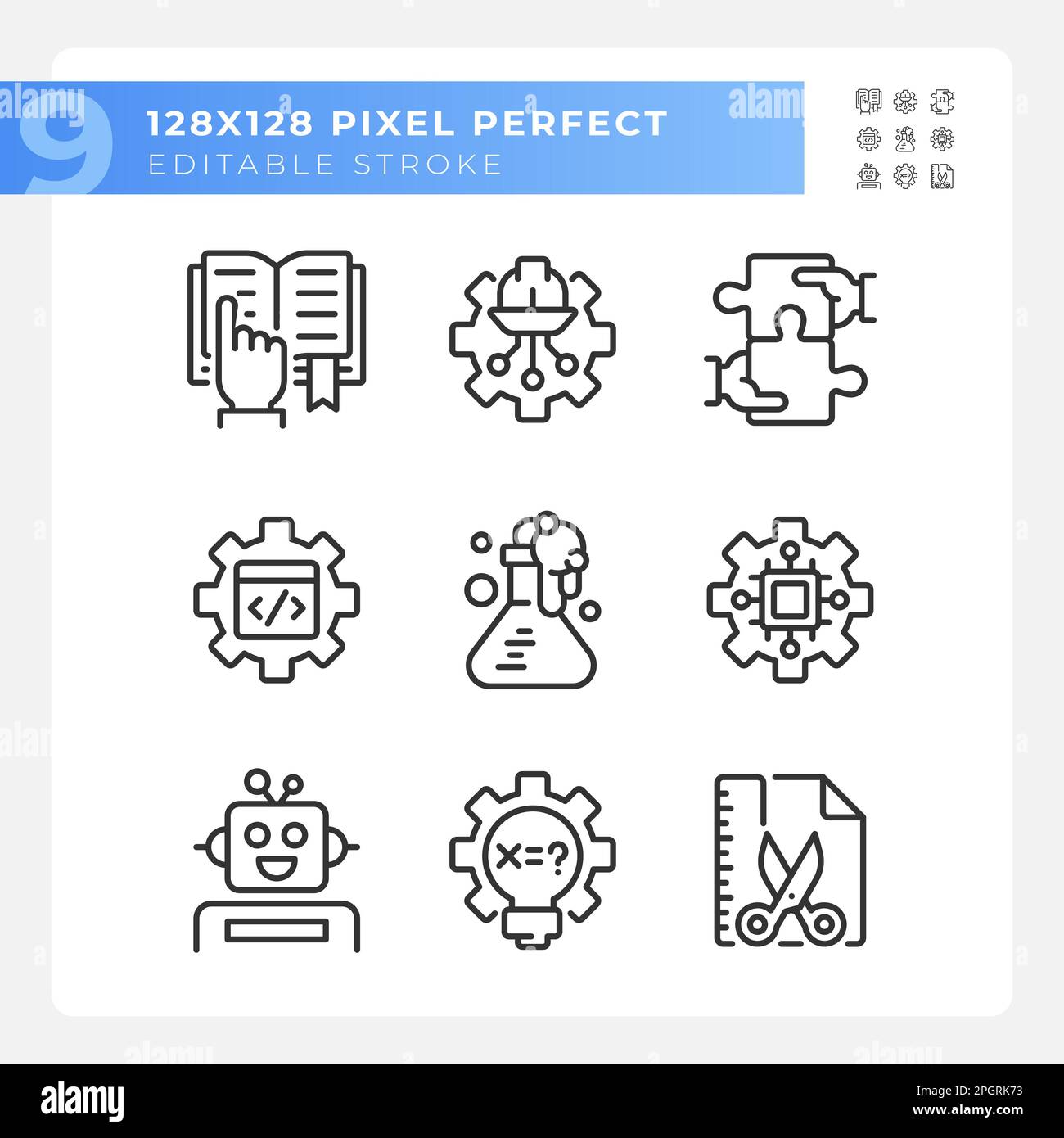 Integration of STEM programs pixel perfect linear icons set Stock Vector