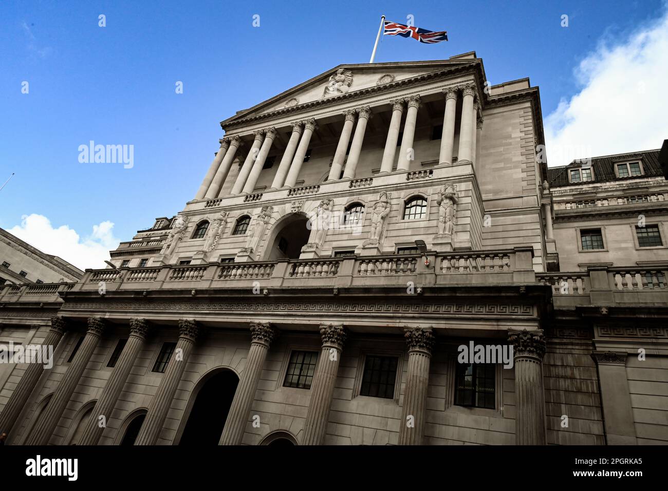 Bank of England building BoE, Threadneedle Street, London, EC2R 8AH, United Kingdom angled front façade Stock Photo