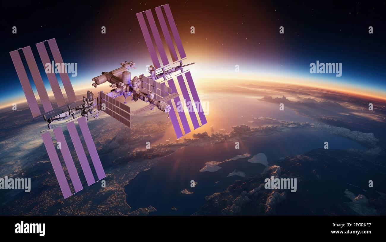 International Space Station And Spacecraft In The Background Of Rising ...