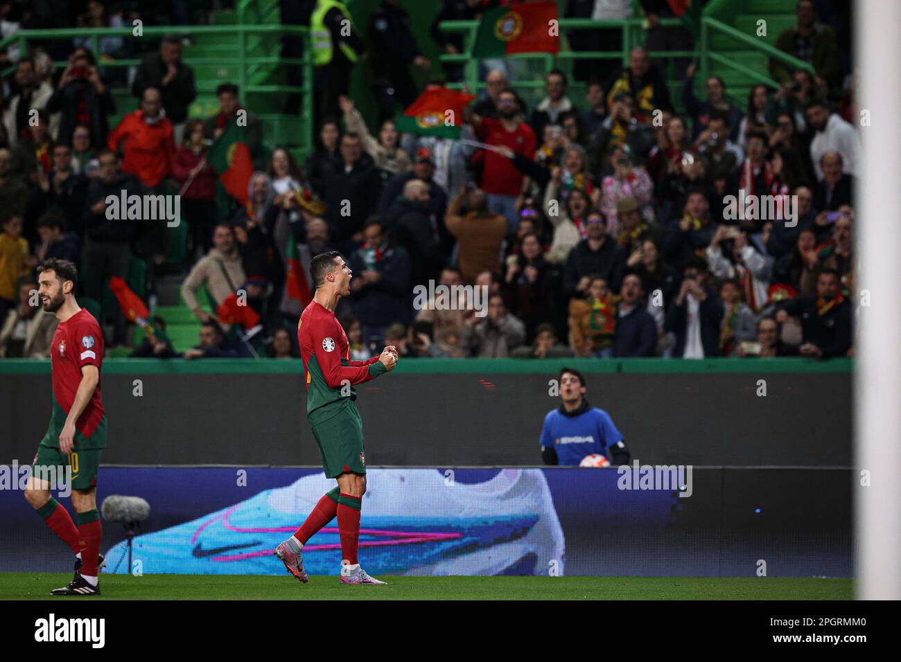 Lisbon, Portugal. 23rd Mar, 2023. Cristiano Ronaldo of Portugal celebrates  after scoring a goal during the UEFA Euro 2024 qualifying round group J  match between Portugal and Liechtenstein at Estadio Jose Alvalade.