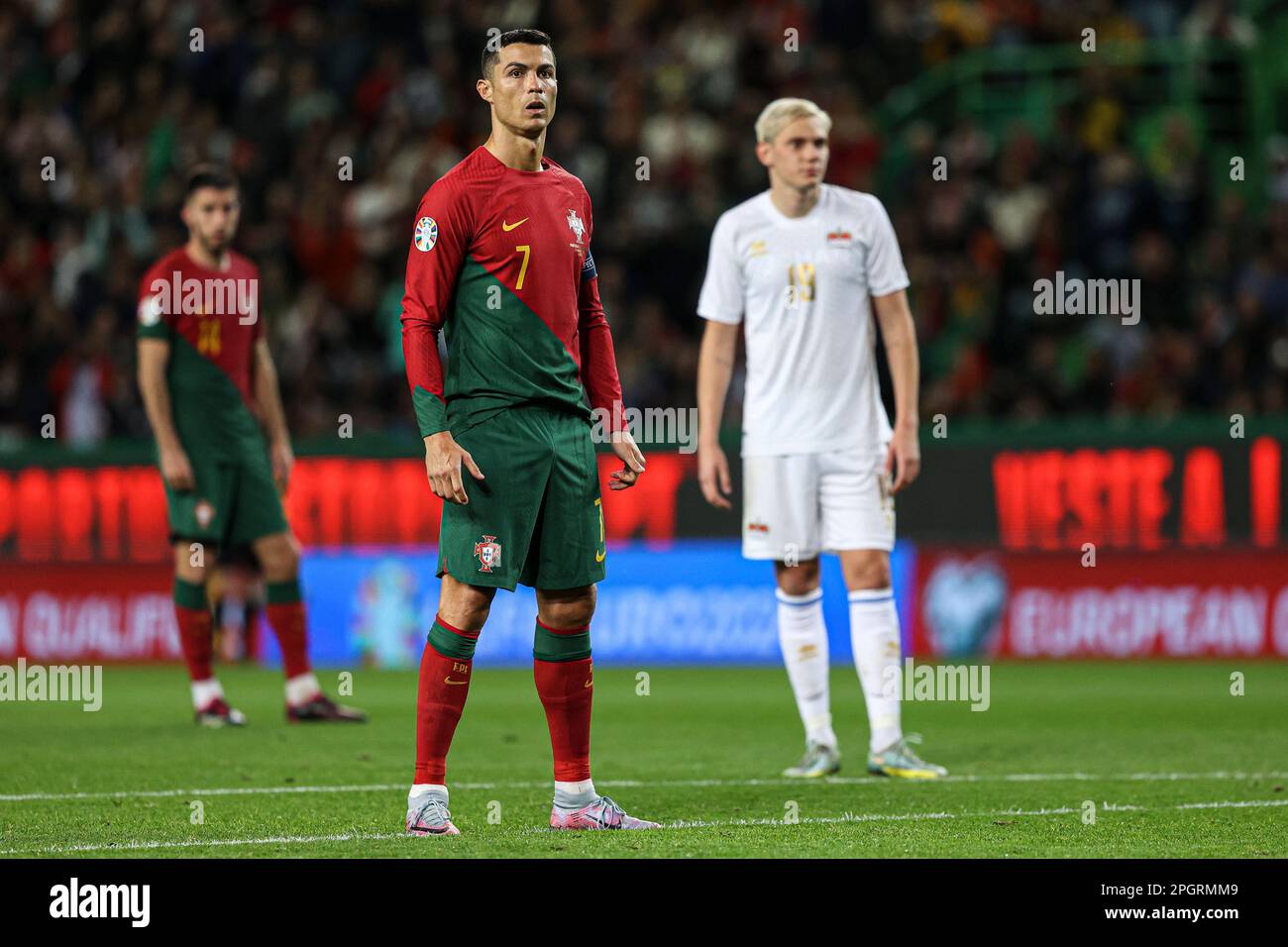 Lisbon, Portugal. 23rd Mar, 2023. Cristiano Ronaldo of Portugal celebrates  after scoring a goal during the UEFA Euro 2024 qualifying round group J  match between Portugal and Liechtenstein at Estadio Jose Alvalade.