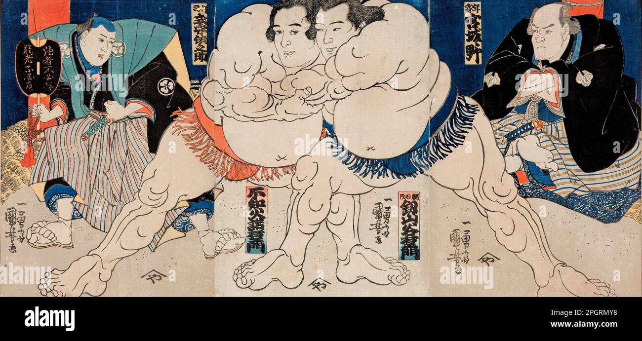 The sumo wrestlers Shiranui Dakuemon (centre left), Tsurugizan Taniemon ...
