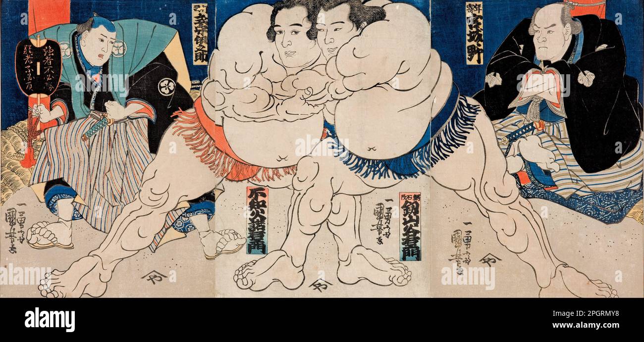 The sumo wrestlers Shiranui Dakuemon (centre left), Tsurugizan Taniemon (centre right) with referee Shikimori Inosuke and seated judge (left), the elder (retired) westler Miyagino (right) later 1830s-early1840s by Utagawa Kuniyoshi Stock Photo