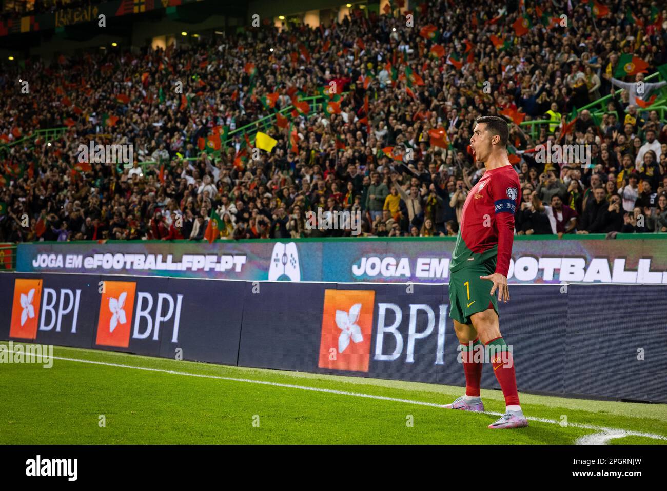 Lisbon, Portugal. 23rd Mar, 2023. Cristiano Ronaldo of Portugal celebrates  after scoring a goal during the UEFA Euro 2024 qualifying round group J  match between Portugal and Liechtenstein at Estadio Jose Alvalade.