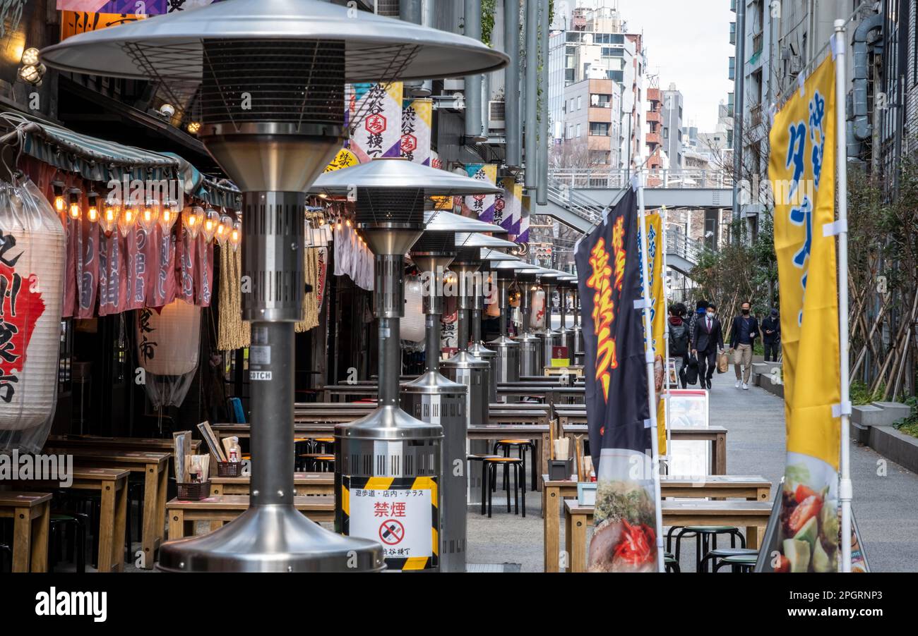 March 13th 2023 Tokyo, Japan Close up of outdoor gas heaters in