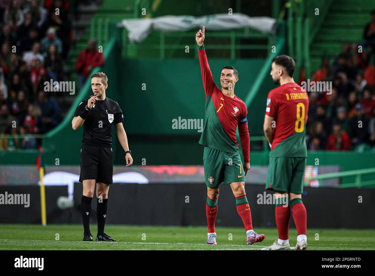 Lisbon, Portugal. 23rd Mar, 2023. Cristiano Ronaldo of Portugal celebrates  after scoring a goal during the UEFA Euro 2024 qualifying round group J  match between Portugal and Liechtenstein at Estadio Jose Alvalade.