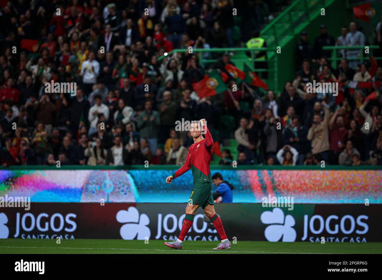 Lisbon, Portugal. 23rd Mar, 2023. Cristiano Ronaldo of Portugal celebrates  after scoring a goal during the UEFA Euro 2024 qualifying round group J  match between Portugal and Liechtenstein at Estadio Jose Alvalade.