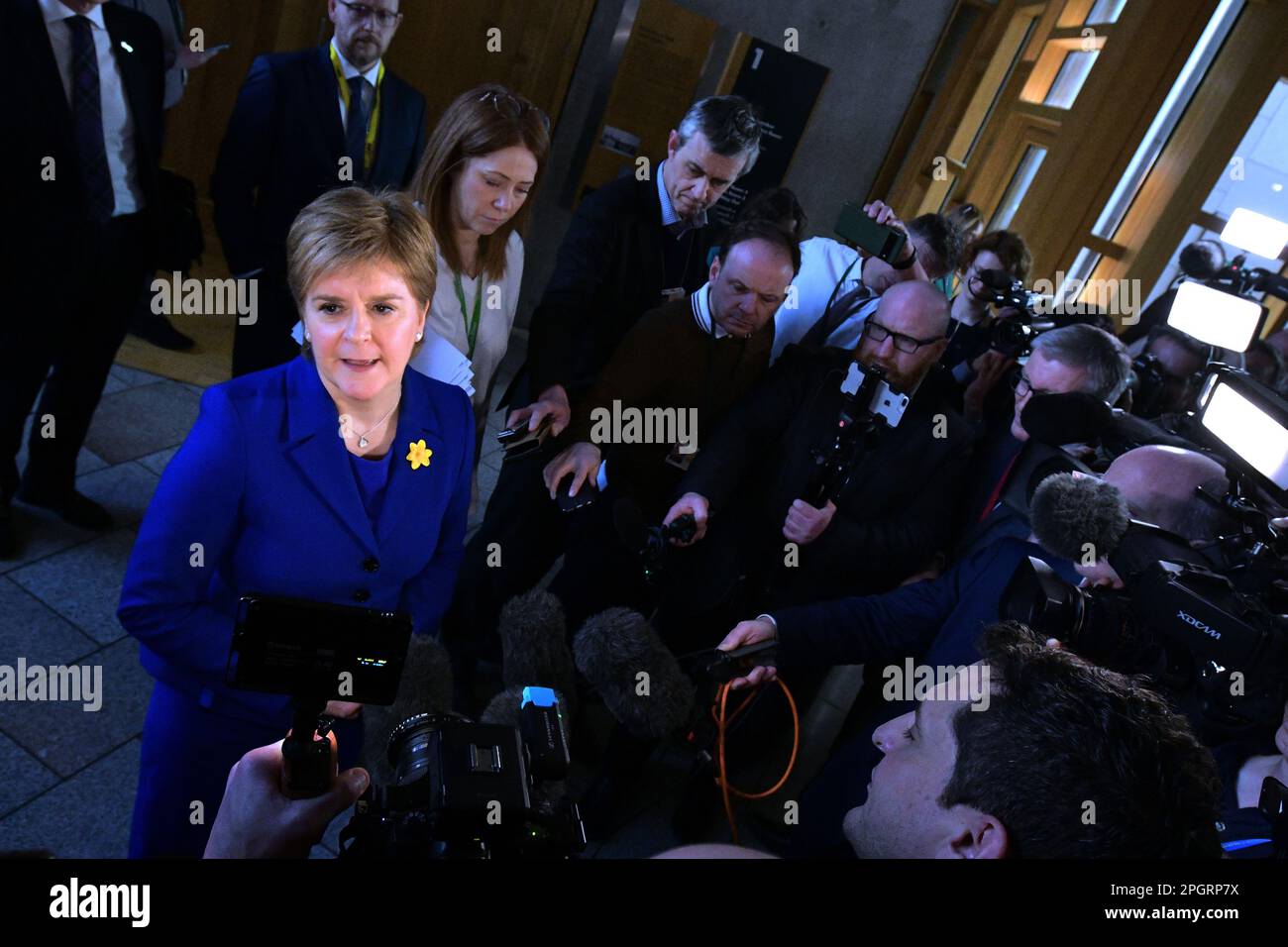Edinburgh Scotland, UK 23 March 2023. First Minister of Scotland Nicola Sturgeon meets with journalists after her last First Minister Questions as First Minister. credit sst/alamy live news Stock Photo