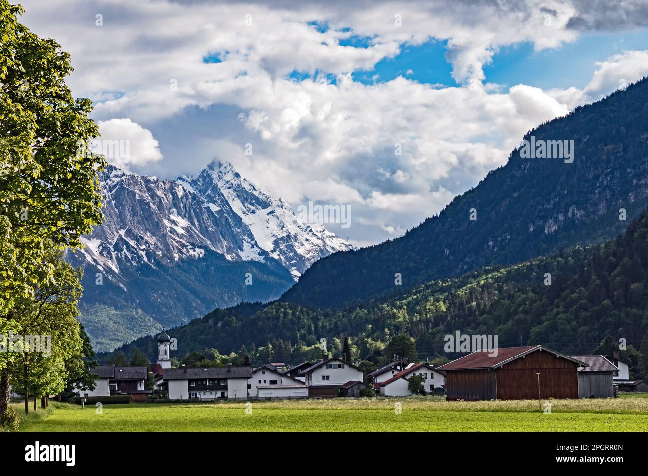 View of the village Farchant in Werdenfelser Land at the foot of Zugspitze, Bavaria, Germany Stock Photo