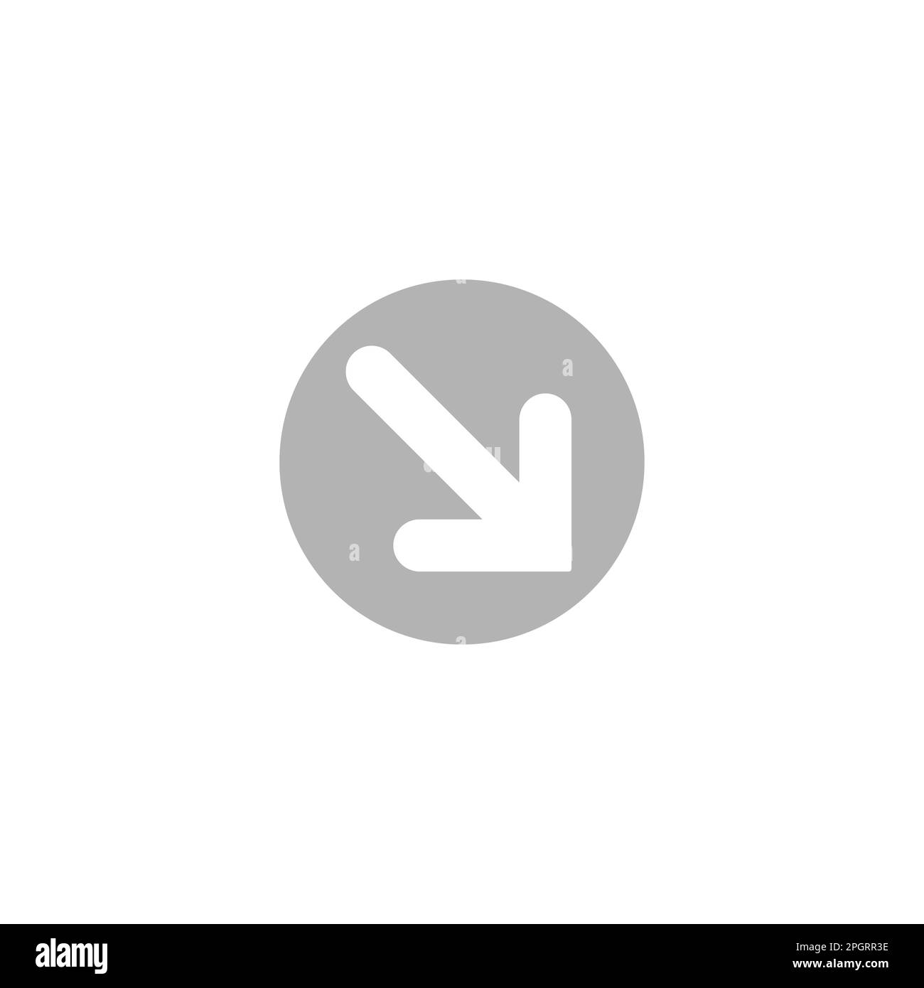 White right and down arrow in grey circle icon. Isolated on white. Continue icon. Download button. Point sign. South east arrow. Vector illustration Stock Vector