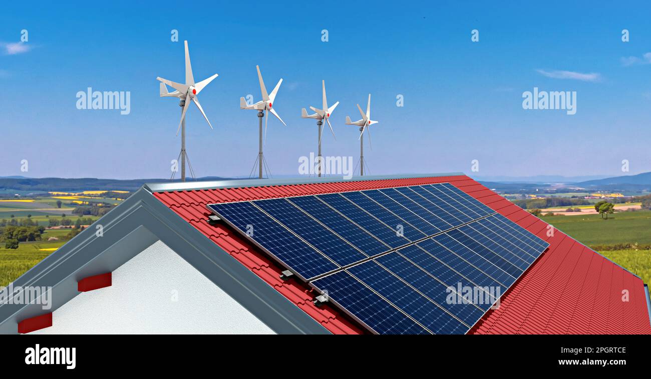 small wind turbines and solar power panels on the roof of a private ...