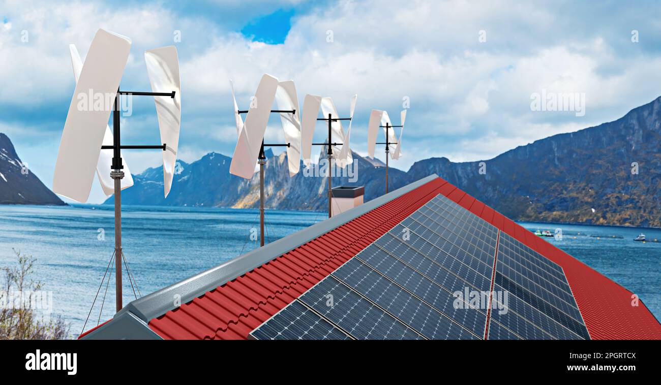 small wind turbines and solar power panels on the roof of a private house, 3D Illustration Stock