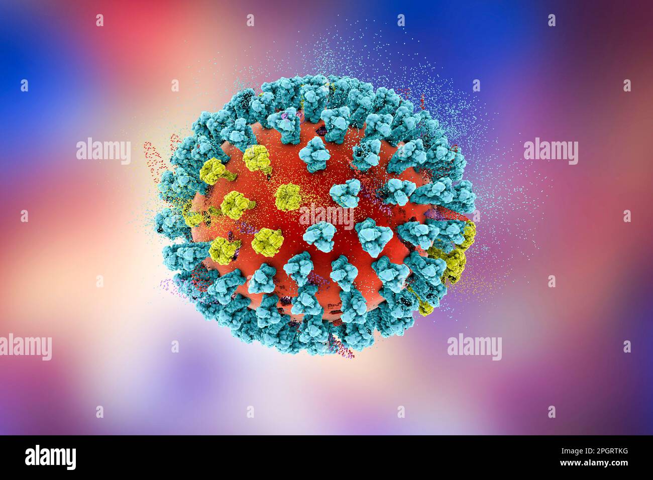 Destruction of bird flu virus. 3D illustration of an avian influenza H5N8 virus particle. Conceptual image for influenza treatment and prevention. Thi Stock Photo