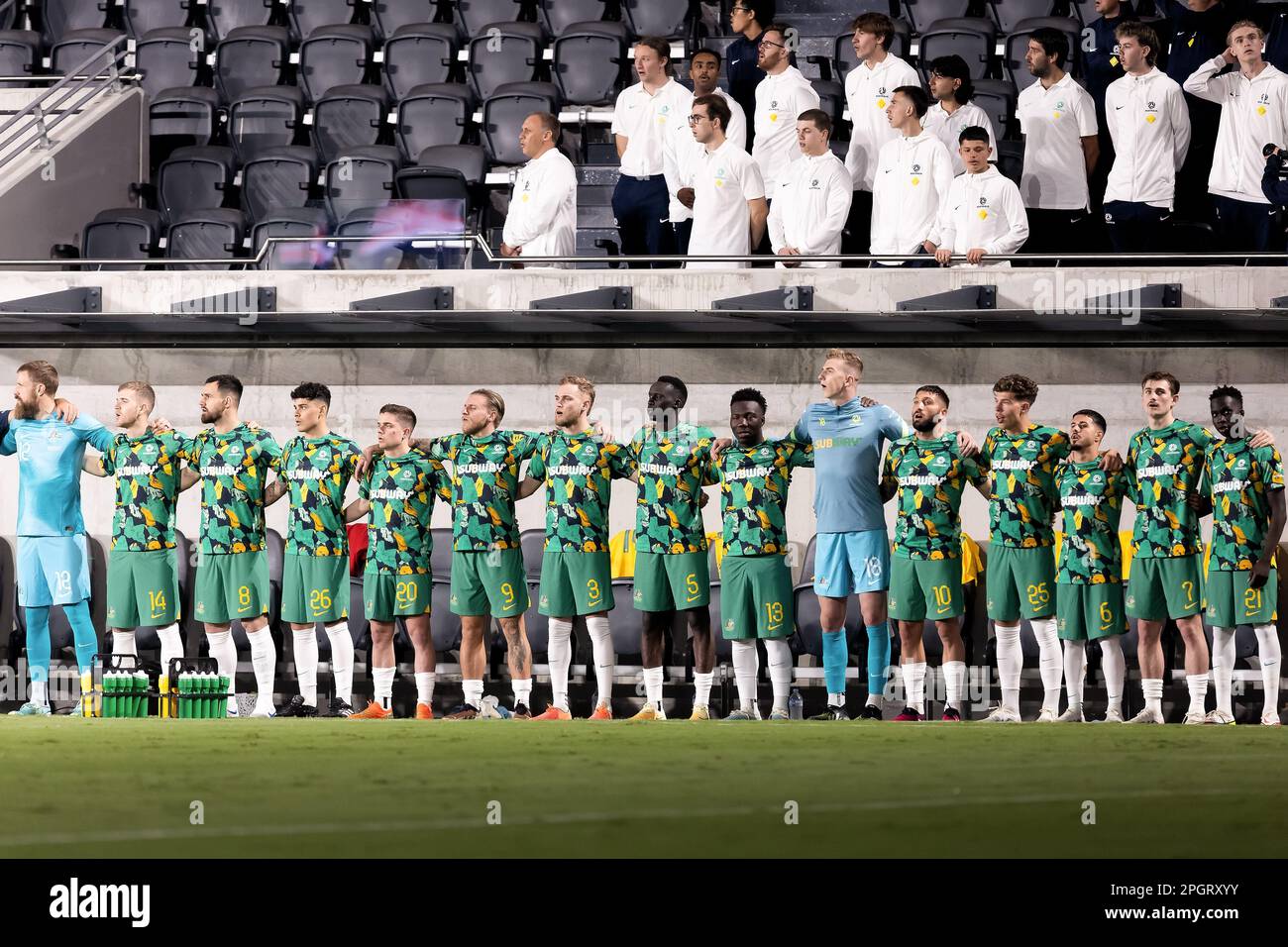 Sydney, Australia, 24 March, 2023. Australian bench stand for national anthem during the Men's International football match between the Australian Socceroos and Ecuador at CommBank Stadium on March 24, 2023 in Sydney, Australia. Credit: Damian Briggs/Speed Media/Alamy Live News Stock Photo