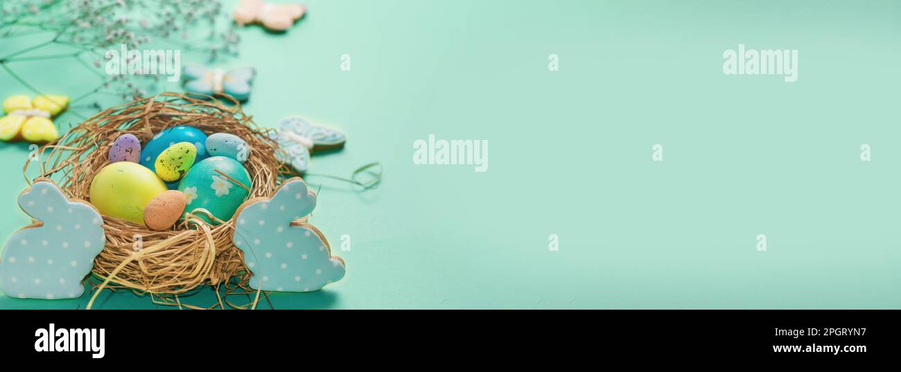 Easter banner on a green background. Bird's nest with Easter eggs. Happy Easter. Stock Photo