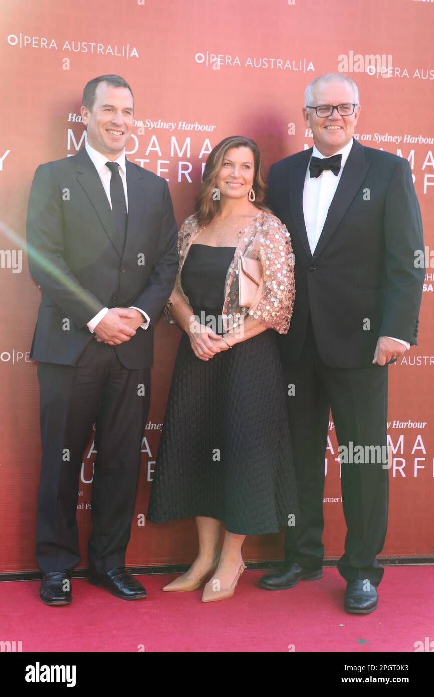Sydney, Australia. 24th March 2023. Princess Anne's son Peter Phillips, Jenny Morrison and Scott Morrison arrives on the red carpet at the opening night of Madama Butterfly Handa Opera on Sydney Harbour at Fleet Steps, Mrs Macquaries Point. Credit: Richard Milnes/Alamy Live News Stock Photo