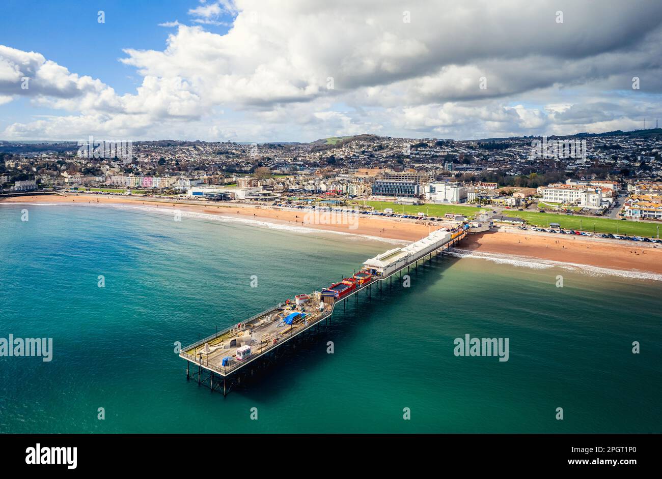 Aerial view of Paignton Pier and Beach from a drone, Paignton, Devon