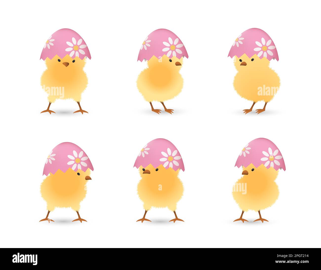 Chicks in upper part of broken Easter eggs with flowers set Stock Vector