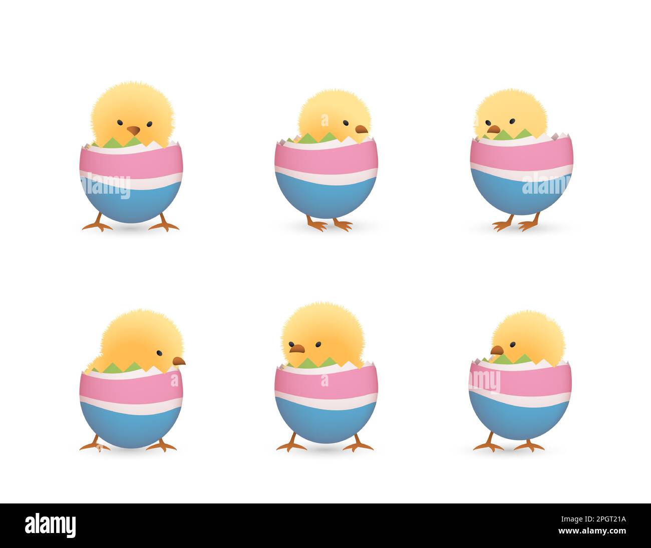 Chicks in lower part of broken Easter eggs with stripes set Stock Vector