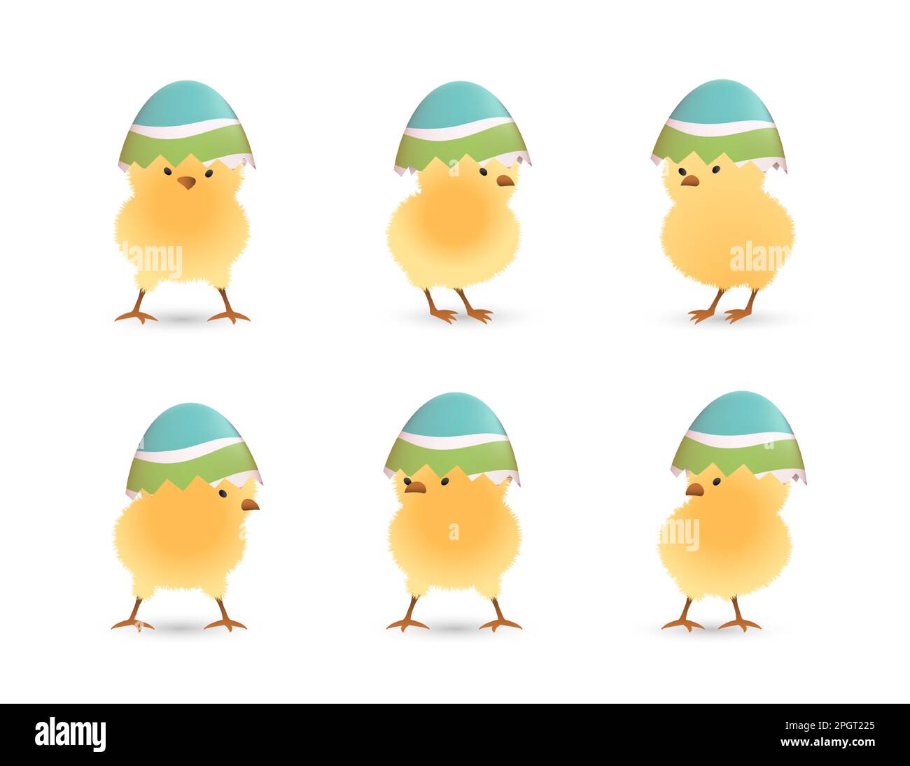 Chicks in upper part of broken Easter eggs with stripes set Stock Vector