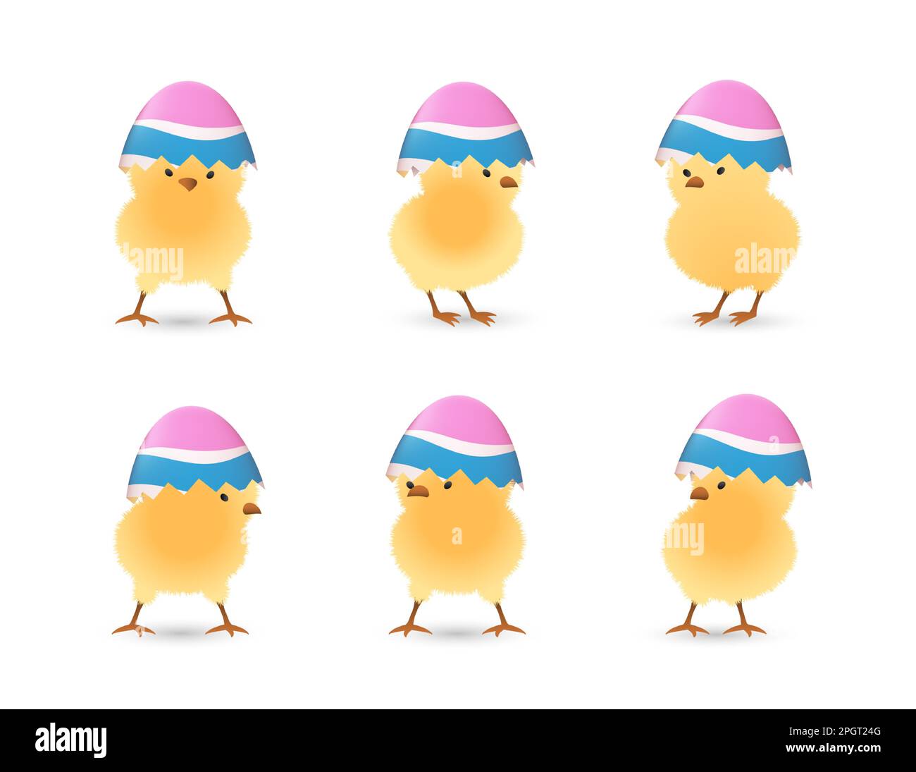 Chicks in upper part of broken Easter eggs with stripes set Stock Vector