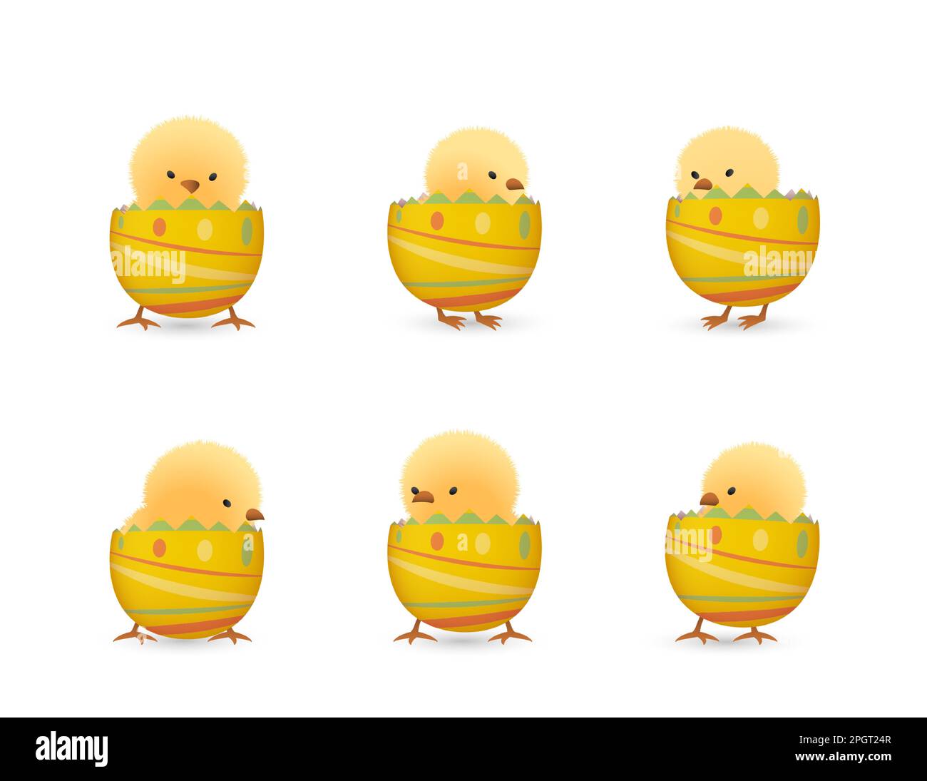 Chicks in lower part of broken Easter eggs with lines set Stock Vector