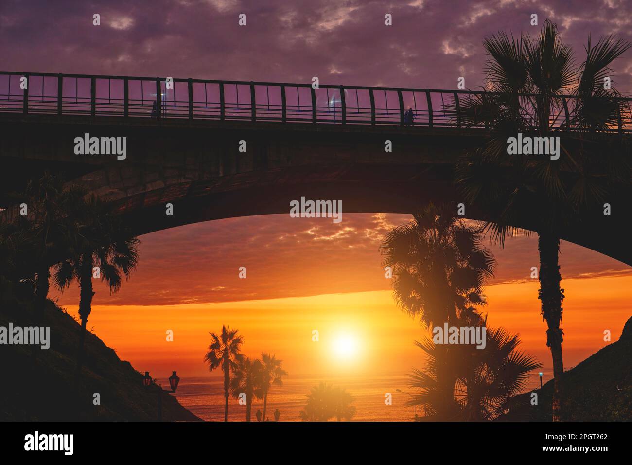 Sunset view from La Bajada de Balta in Miraflores, in the city of Lima
