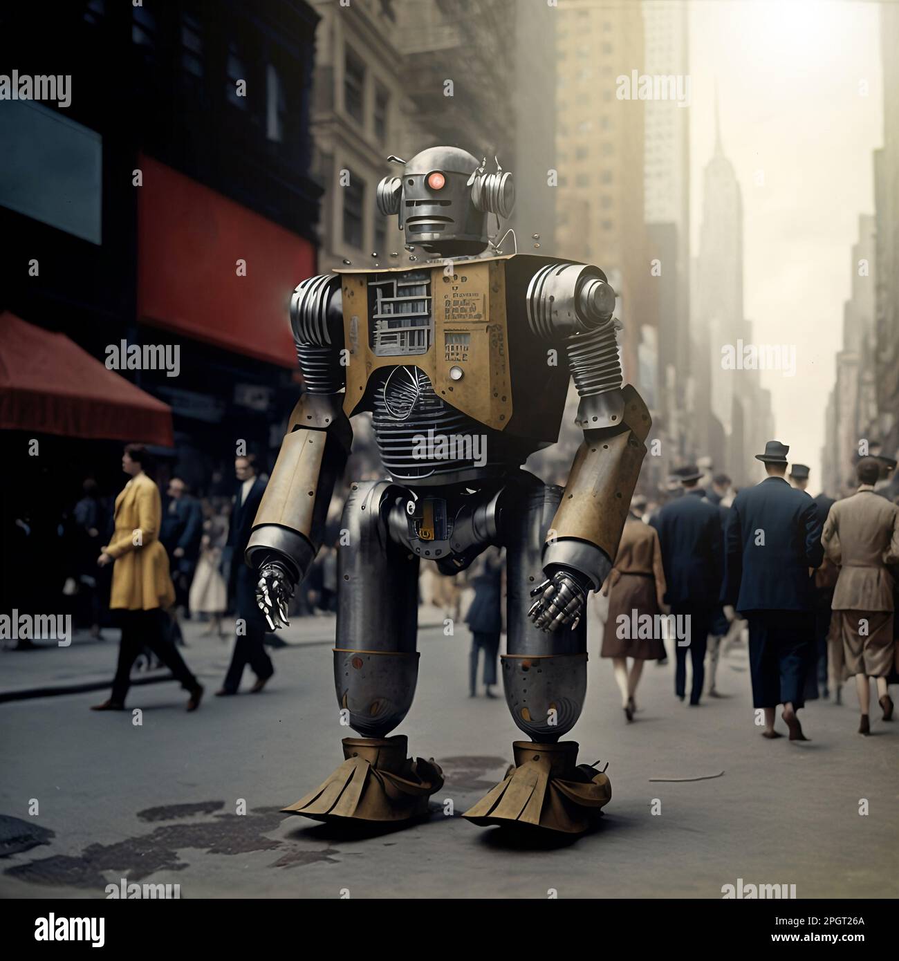 Robot playing in a futuristic city, steam punk, mecanic. Futuristic plot, a  old robot in the city Stock Photo - Alamy